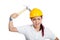 Asian engineer girl hit a hammer on her hardhat