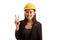 Asian engineer woman show Victory sign.
