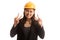 Asian engineer woman show victory sign with both hands.