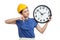 Asian engineer woman thumbs down with a clock