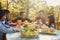 Asian family having lunch outside at a table on a deck