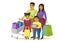 Asian family at shopping, happy parents with children, vector illustration