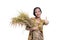 Asian farmer female showing thumb up with paddy rice grain on hand