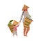 Asian Farmer and Little Kid in Straw Conical Hat Carrying Wicker Basket with Grass Vector Illustration