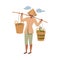 Asian Farmer in Straw Conical Hat Carrying Grass in Wicker Basket on His Shoulders Vector Illustration