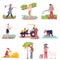 Asian Farmers Picking Agricultural Crops and Cultivating Soil Vector Illustration Set