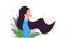 Asian fashion woman, minimalist style. Eastern lady with long fluttering hair among tropical leaves