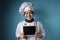 Asian Female Chef Shows Empty Blackboard, Presenting BLank Writing Template, Copy Space