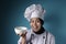 Asian Female Chef Shows Empty White Bowl, Presenting Something, Copy Space