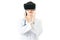 Asian female doctor reject sign with VR headset glasses