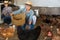 Asian female farmer feeding chickens in poultry barn