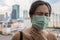 Asian female people coughing touching pain neck with hand,sick woman in face mask,protection of toxic aerosol,air pollution,smog,