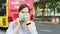 Asian female people showing how to use hygienic mask, step by step instruction, woman wearing medical face mask on street in city,