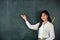 Asian female teacher smiling with wooden stick pointing to blackboard