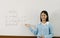 Asian female teacher is teaching students at the classroom while pointing at numbers on the white board
