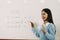 Asian female teacher is teaching students at the classroom while pointing at numbers on the white board