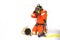 An Asian firefighters are wearing fire protection clothing on white background