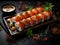 Asian Fish Food Sushi on a Black Plate on a Dark Background extreme closeup. Generative AI