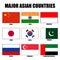 Asian Flag rectangle on isolated white for Asia Country concepts. Korea, Japan, China, India, Pakistan, and Singapore.