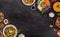 Asian food background with various ingredients on rustic stone background , top view.