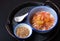 Asian Food  concept Krong Krang Dessert Sweet topical gnocchi in coconut milk in ceramic cup on rustic iron tray with copy space