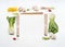 Asian food creative layout frame on white desk background, top view. Asian cuisine ingredients