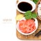 Asian food ingredients (ginger, soy sauce, rice), isolated