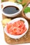 Asian food ingredients (ginger, soy sauce, rice) , top view