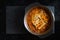 Asian food, Kimchi Jjigae soup. Top view with copy space