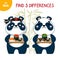 Asian food. Mini game for kids, find 5 differences. Cute panda cooked sushi set, japanese food
