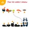 Asian food. Mini game for kids, find the correct shadow. Cute panda cooked sushi set, japanese food