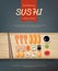 Asian food poster. Ads placard for japan gourmet traditional cuisine with seaweed seafood rolls sushi and delicious