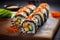 Asian food rolls or sushi close up on wooden board. Selective focus. Asian food concept