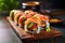Asian food rolls or sushi close up on wooden board. Selective focus. Asian food concept. Generated ai