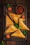 Asian food. Samsa samosas with chicken fillet and cheese