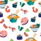 Asian food seamless pattern. Japanese fast food, noodles, rice, ramen, shrimp, fish and sushi. Delicious background. Perfect for