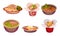 Asian Food with Spicy Noodle and Soup in Carton Boxes and Bowls Vector Set