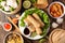 Asian food- spring roll, noodles soup, dim sum