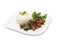 Asian food. Stir Fried Beef With Tree Basil Leave With Rice on isolated white background