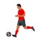 Asian football player in red sports equipment in profile runs after the ball