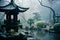 an asian garden with a pagoda in the fog