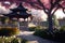 Asian garden with pagoda and sakura trees. Cherry blossom in park in spring season. Peaceful traditional japanese landscape