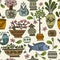 Asian garden with plants in ceramic pots, seamless pattern for your design