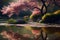 Asian garden with sakura trees and pond. Landscape with cherry blossom falling in lake with bokeh light. Springtime fine art