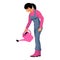 An asian gardener or farmer dressed in work clothes watering plants from a watering can in the garden