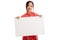 Asian girl in chinese cheongsam dress with blank sign
