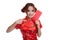 Asian girl in chinese cheongsam dress point to red envelope.