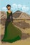 Asian girl in green long dress in mountains