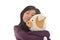 Asian girl holding puppy doll on white