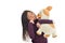 Asian girl holding puppy doll on white